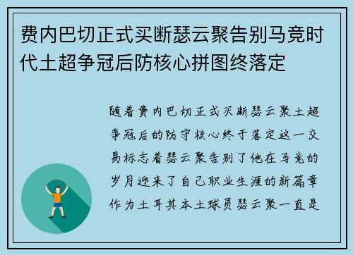 费内巴切正式买断瑟云聚告别马竞时代土超争冠后防核心拼图终落定