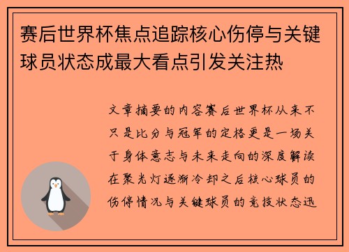 赛后世界杯焦点追踪核心伤停与关键球员状态成最大看点引发关注热
