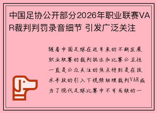 中国足协公开部分2026年职业联赛VAR裁判判罚录音细节 引发广泛关注