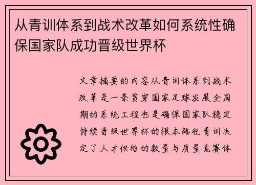 从青训体系到战术改革如何系统性确保国家队成功晋级世界杯