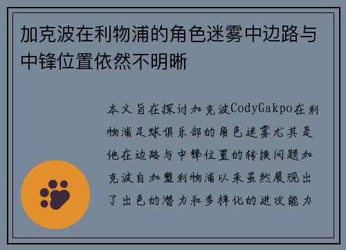 加克波在利物浦的角色迷雾中边路与中锋位置依然不明晰