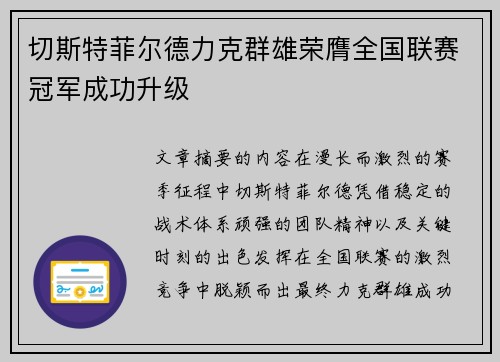 切斯特菲尔德力克群雄荣膺全国联赛冠军成功升级